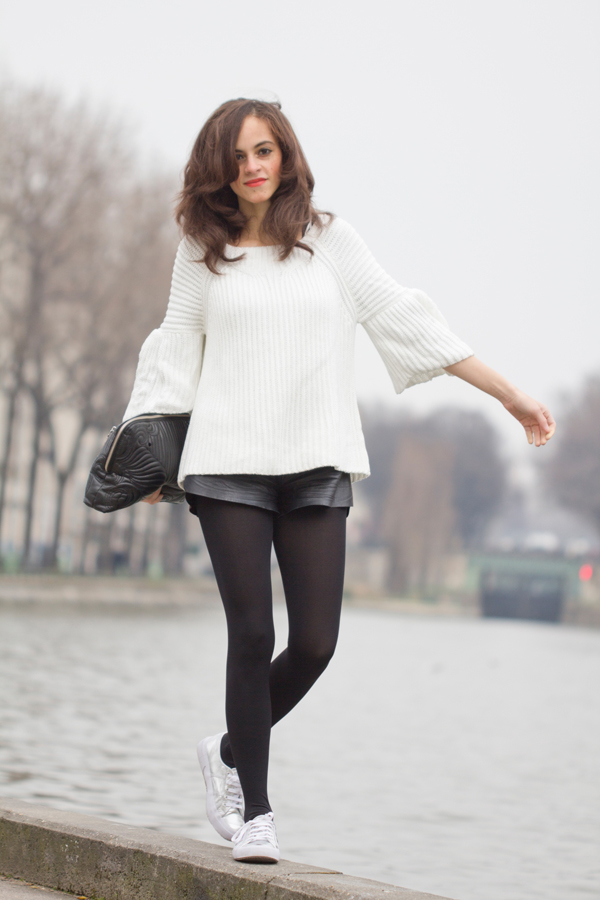 White knit, Black leather short and 